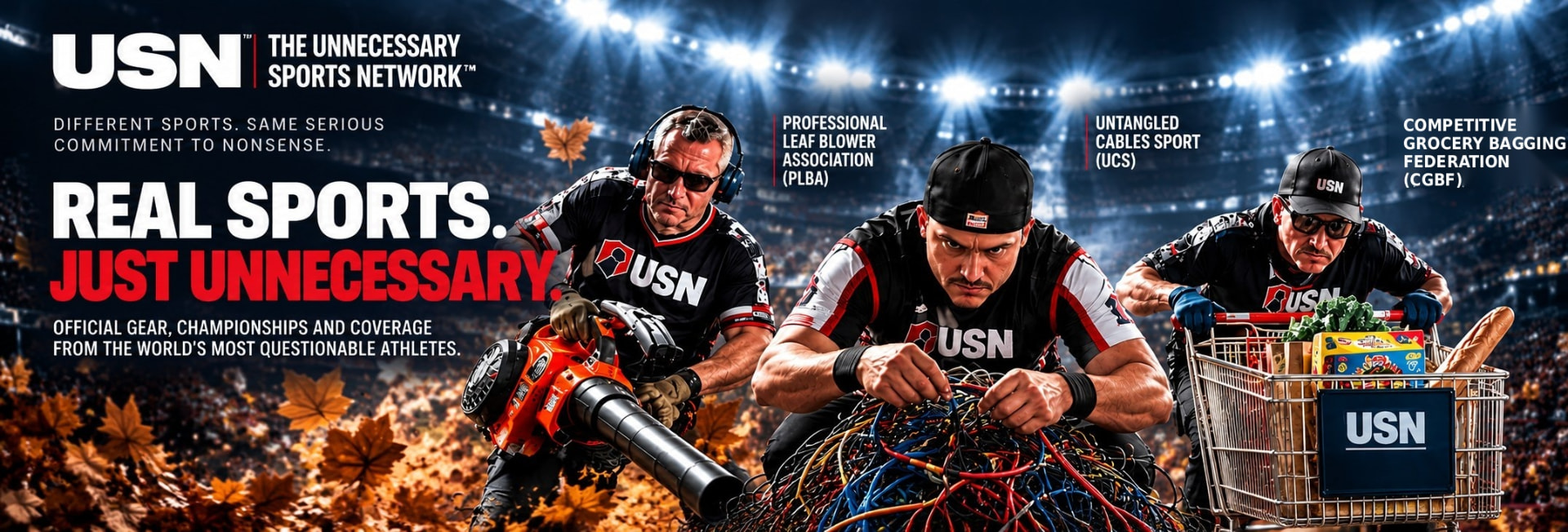 USN athletes competing in leaf blowing, cable untangling and grocery bagging
